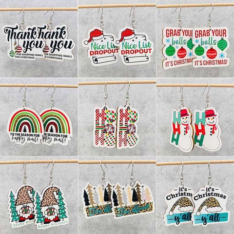Orecchini Pendenti di Natale in Legno Stampa Leopardata Cappello di Babbo Natale Pupazzo di Neve Lettere Ho Ho Ho Orecchini Festivi Gioielli Donna