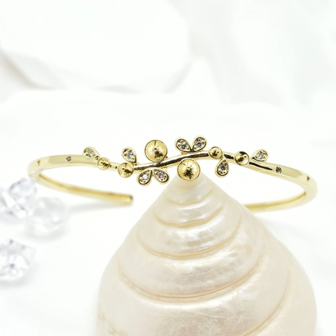 18K Gold Plated Copper Floral Open Bracelet With Faux Artificial Pearl Zircon Micro-Inlaid Elegant Adjustable Bangle Women Jewelry