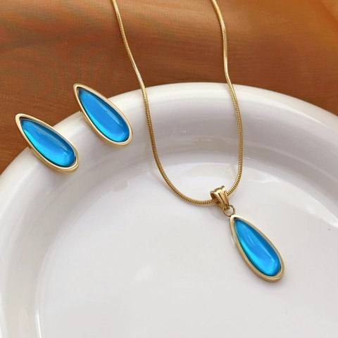 Elegant Stainless Steel Teardrop Blue Organic Glass Pendant Necklace Gold Plated Water Drop Stud Earrings For Women Jewelry