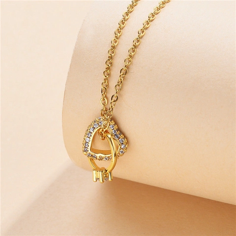 Interlocking Heart And Ring Pendant Necklace Gold Plated Titanium Steel Zircon Inlaid Clavicle Chain Jewelry For Women