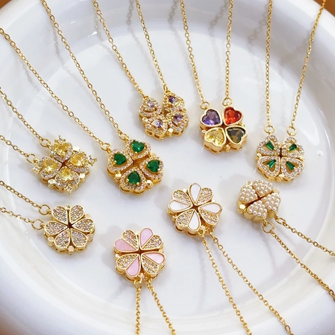 Collana Pieghevole In Lega Placcata Oro A Quadrifoglio Per Donna Pendente A Cuore In Zirconia Gioielli Di Moda Regalo