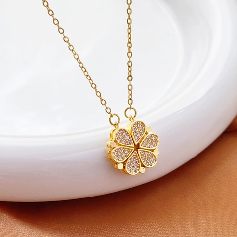 Collana Pieghevole In Lega Placcata Oro A Quadrifoglio Per Donna Pendente A Cuore In Zirconia Gioielli Di Moda Regalo