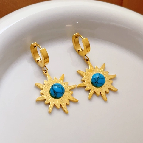 Set di Gioielli Girasole in Acciaio Inossidabile Vintage per Donna Pendente in Turchese Sintetico Placcato Oro Collana a Catena Cubana Orecchini