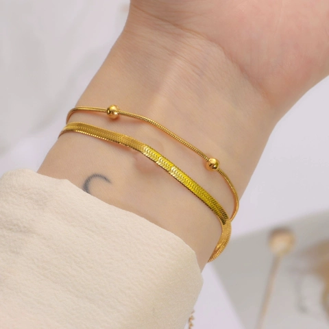 Minimalist 316L Stainless Steel Double Layer Snake Chain Bracelet Anklet Gold Plated Herringbone Round Beads Jewelry For Women