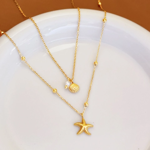 Collana e Cavigliera a Strati in Acciaio Inossidabile con Conchiglia Stella Marina e Perle Artificiali Gioielli Donna Oro