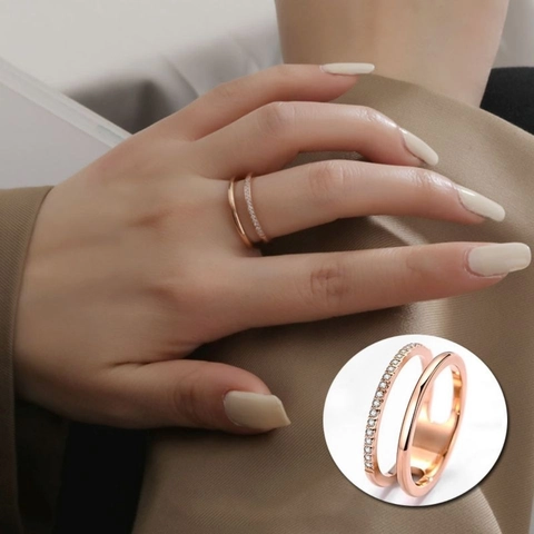 Minimalistisch Roestvrij Staal Dubbellaags Hol Strass Ring Voor Vrouwen Rozegoud Geometrisch Zirkonia Mode Ring Sieraden Cadeau