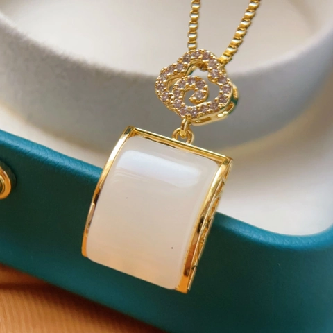 Exquisite Copper Alloy Necklace For Women With White Jade Look Pendant And Zirconia Inlaid Box Chain Fashion Jewelry