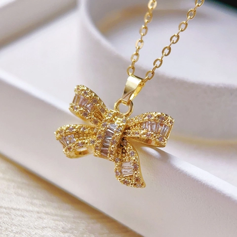 Collier Pendentif Nœud Vintage Français Boucles d'Oreilles Alliage de Cuivre Strass Plaqué Or Bijoux Élégants Femme