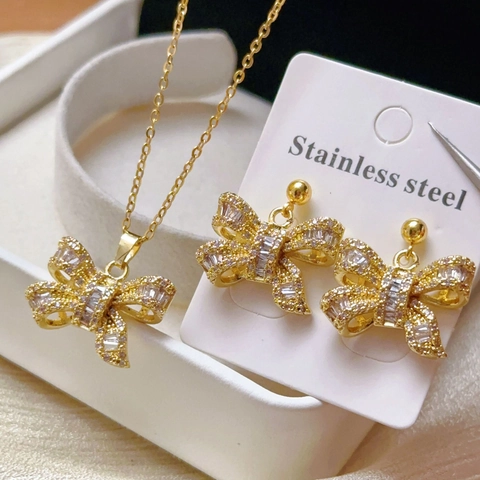Collier Pendentif Nœud Vintage Français Boucles d'Oreilles Alliage de Cuivre Strass Plaqué Or Bijoux Élégants Femme