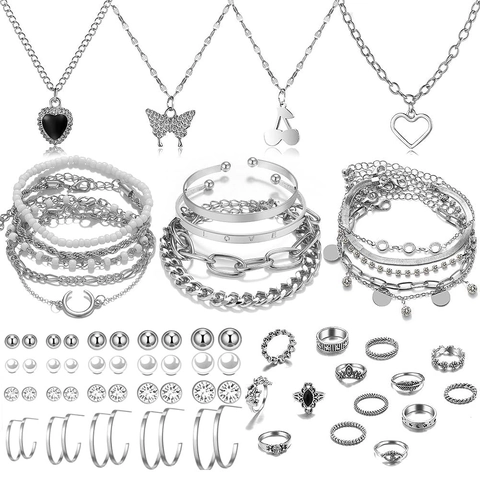 Zilveren Legering Vlinder Hart Ketting Strass Oorbellen Kunstparel Armband Stapelbare Ringen Sieradencollectie Voor Dames
