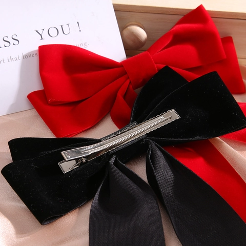 Large Velvet Bow Hair Clip With Long Ribbons French Vintage Solid Color Hair Accessory For Women Christmas Wedding Party