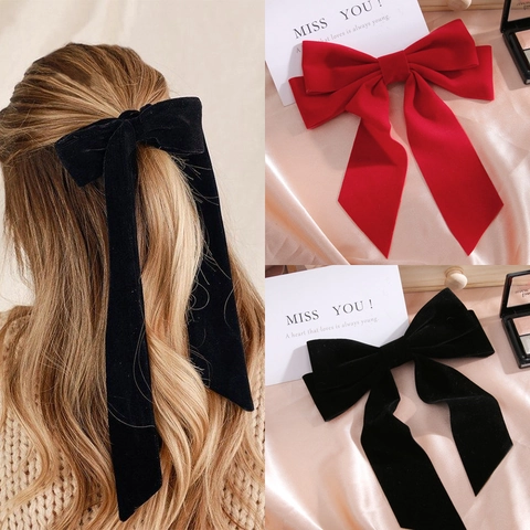 Large Velvet Bow Hair Clip With Long Ribbons French Vintage Solid Color Hair Accessory For Women Christmas Wedding Party