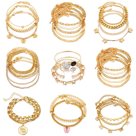 Set Cavigliere Bracciali Multistrato in Lega Oro Argento Donna Pendente Farfalla Cuore Moneta Gioielli Moda per Spiaggia Festa