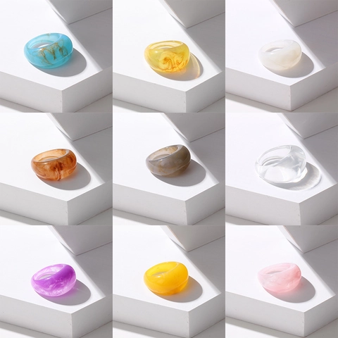 Vintage Resin Marble Pattern Chunky Ring For Women Retro Minimalist Ins Style Transparent Colorful Acrylic Finger Ring Jewelry Gift