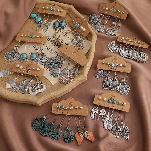 Orecchini Bohemién Vintage Set in Lega Etnici Geometrici Turchese Strass Perla Artificiale Piuma Foglia Pendenti Donna