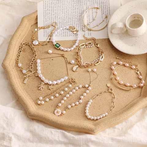 Vintage Gold Plated Artificial Pearl Rhinestone Bracelet Set For Women Punk Style Multilayer Jewelry Hand Accessories Gift
