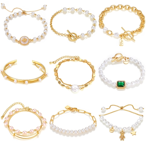 Vintage Gold Plated Artificial Pearl Rhinestone Bracelet Set For Women Punk Style Multilayer Jewelry Hand Accessories Gift