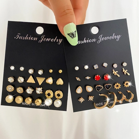 Vintage Crystal Rhinestone Artificial Pearl Earring Collection For Women Gold Silver Plated Alloy Geometric Stud Hoop Earrings Jewelry Gift