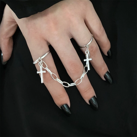 Hip Hop Punk Legierung Doppel Finger Offener Ring Mit Kreuz Anhänger Kette Für Damen Retro Gotischer Schmuck