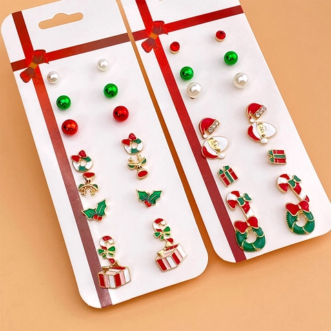 Christmas Alloy Enamel Earring Set With Artificial Pearl Rhinestone Santa Claus Christmas Tree Elk Snowflake Holiday Drop Stud Earrings For Women