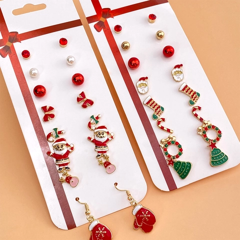 Christmas Alloy Enamel Earring Set With Artificial Pearl Rhinestone Santa Claus Christmas Tree Elk Snowflake Holiday Drop Stud Earrings For Women