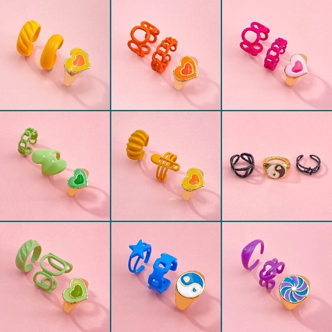 Colorful Enamel Drip Oil Open Ring Set For Women Y2K Alloy Heart Yin Yang Tai Chi Flower Adjustable Finger Jewelry Gift