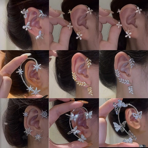 Korean Style Rhinestone Butterfly Leaf Star Snowflake Ear Cuffs For Women Alloy Inlaid Zirconia Non Piercing Clip Earrings