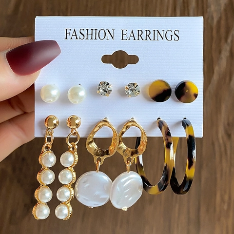 Vintage Alloy Earrings Collection Leopard Print Tortoise Shell Artificial Pearl Rhinestone Heart Butterfly Geometric Hoop Stud Fashion Jewelry