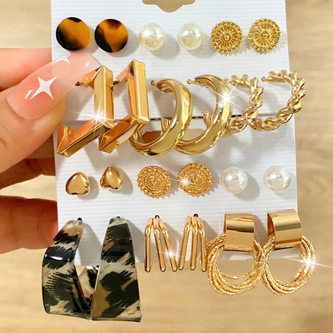 Vintage Alloy Earrings Collection Leopard Print Tortoise Shell Artificial Pearl Rhinestone Heart Butterfly Geometric Hoop Stud Fashion Jewelry