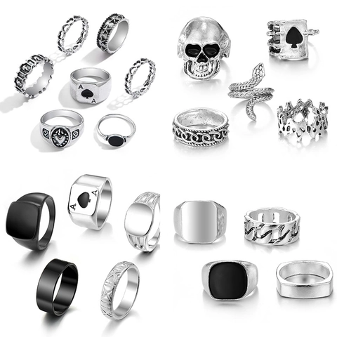 Vintage Punk Alloy Ring Set For Men Women Gothic Ace Of Spades Skull Snake Enamel Poker Card Finger Rings Jewelry Set