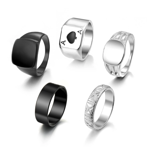 Vintage Punk Alloy Ring Set For Men Women Gothic Ace Of Spades Skull Snake Enamel Poker Card Finger Rings Jewelry Set