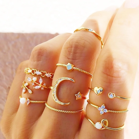 Collection de Bagues en Alliage d'Or Vintage pour Femmes Assortiment de Bagues Bohèmes Étoile Lune Cœur Feuille Künstliche Perle