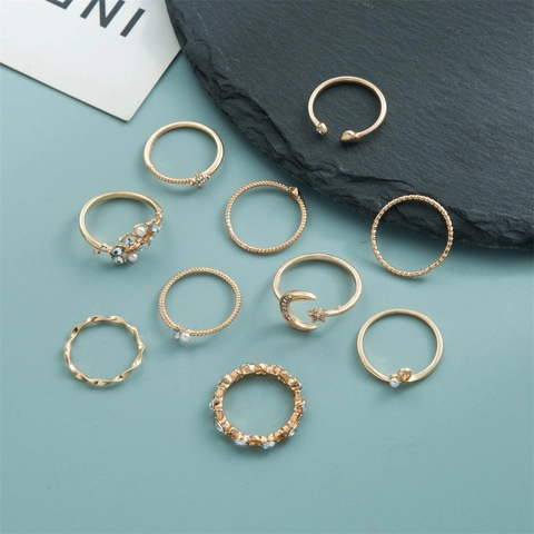 Collection de Bagues en Alliage d'Or Vintage pour Femmes Assortiment de Bagues Bohèmes Étoile Lune Cœur Feuille Künstliche Perle