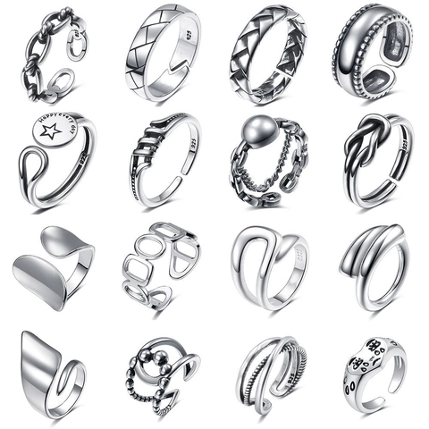 Bagues Ouvertes Réglables en Alliage Rétro Punk pour Hommes Femmes Couleur Argent Cœur Visage Souriant Mauvais Œil Bijoux Géométriques Cadeau