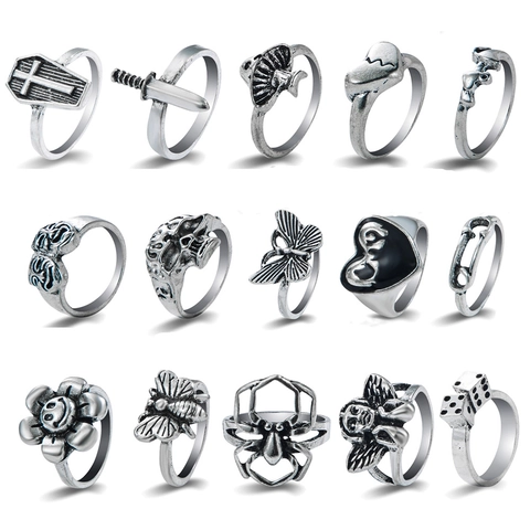 Vintage Punk Legierung Ringe Für Damen Herren Gothic Retro Schlange Poker Herz Totenkopf Würfel Verstellbare Ringe Schmuck