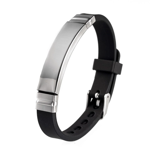 Men Sporty Silicone Bracelet Minimalist Polished Stainless Steel ID Plate Adjustable Wristband Casual Fashion Jewelry