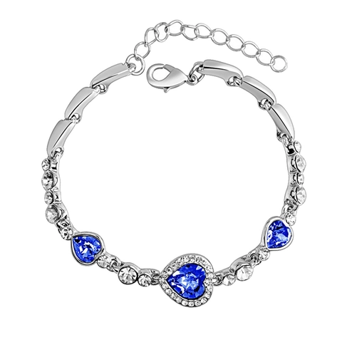 Elegante Hartvormige Blauwe Kristallen Legering Armband Voor Dames Verzilverd Hart Van De Oceaan Strass Ingelegde Mode Sieraden Valentijnsdag Cadeau