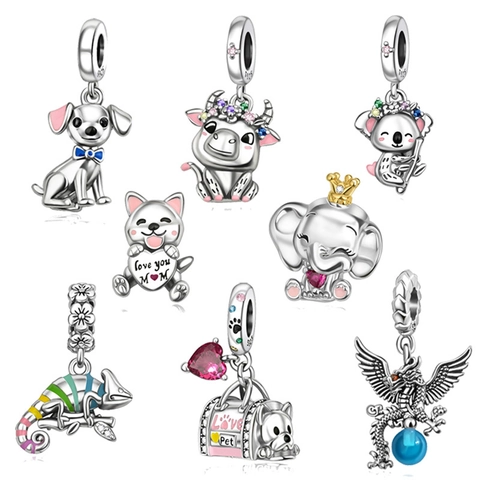 Animal DIY Charms Silver Plated Copper Koala Dog Elephant Dragon Chameleon Rhinestone Enamel Pendant For Jewelry Making