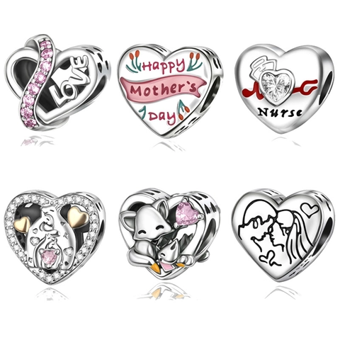 Copper Silver Plated Heart Charm For Women DIY Jewelry Making Rhinestone Inlaid Mother's Day Nurse Theme Animal Design Bead Pendant
