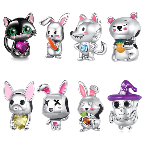 Copper Silver Plated Animal Series DIY Beads Rhinestone Enamel Rabbit Cat Charm For Jewelry Making Craft Accessories