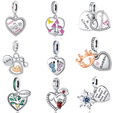 Silver Plated Copper Heart Charms For DIY Bracelets Engraved Family Love Castle Tree Of Life Zirconia Beads Jewelry Making