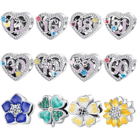 925 Sterling Silver Charms For Bracelet Heart Hollow Number Anniversary Flower Sunflower Enamel Zirconia Beads DIY Jewelry