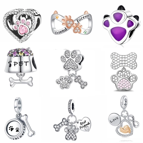 Fashion Copper Silver Plated Animal Paw Print Heart Zirconia Charms For DIY Bracelets Jewelry Accessories For Women