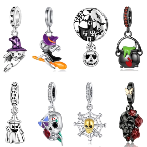 925 Sterling Silver Halloween Charms Pendants Witch Skull Ghost Pumpkin Enamel Bead For Bracelet Necklace Jewelry Making