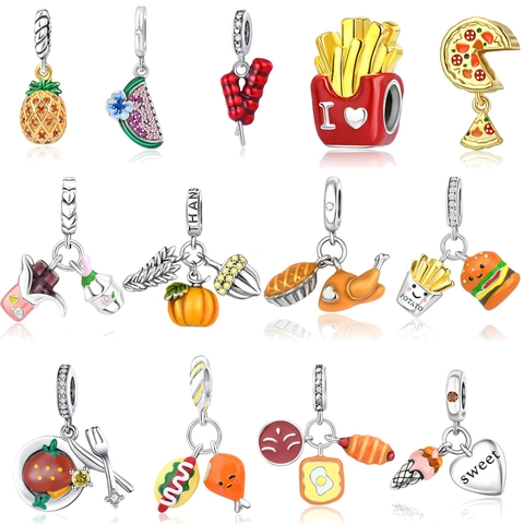 Creative Food Fruit Pendants Copper Enamel Charms For DIY Jewelry Making Burger Fries Pizza Watermelon Pineapple Jewelry Charms