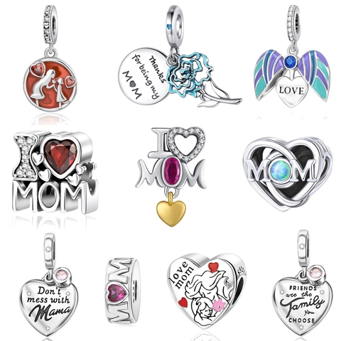 925 Sterling Silver Mother's Day Charm Heart Wings MOM Silhouette Bead Pendant For Bracelet Necklace Women DIY Jewelry