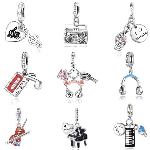 Plata De Ley 925 Tema Musical Dije Colgante Para DIY Pulsera Collar Nota Musical Piano Auriculares Micrófono Joyería Accesorios