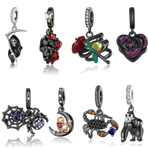 Gothic Halloween Black Charms Zirconia Skull Grim Reaper Spider Rose Pendant For Bracelet Necklace
