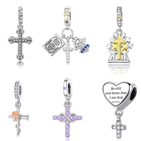 S925 Sterling Silver Religious Cross Charm For Jewelry Making Zirconia Bible Angel Heart Pendant For Bracelet Necklace