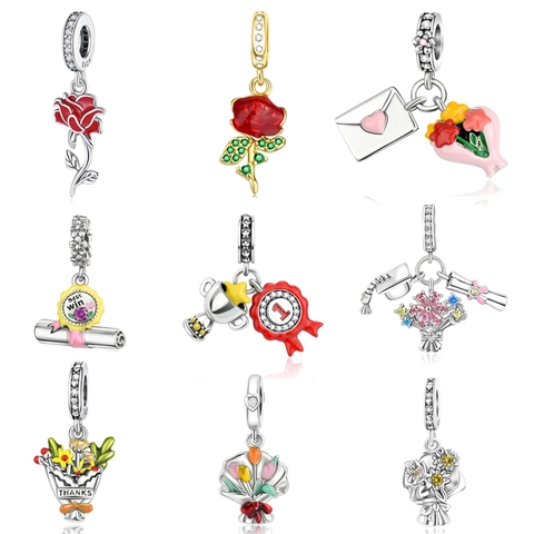 Fashion Copper Enamel Flower Bouquet Charms For DIY Bracelets Graduation Rose Trophy Heart Pendants Women Jewelry Accessories